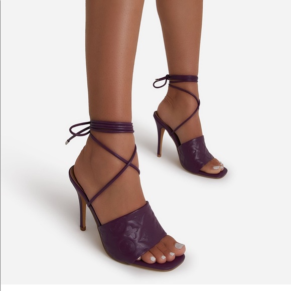 Lace up printed detail strap square toe 4.5” heels - Picture 10 of 13